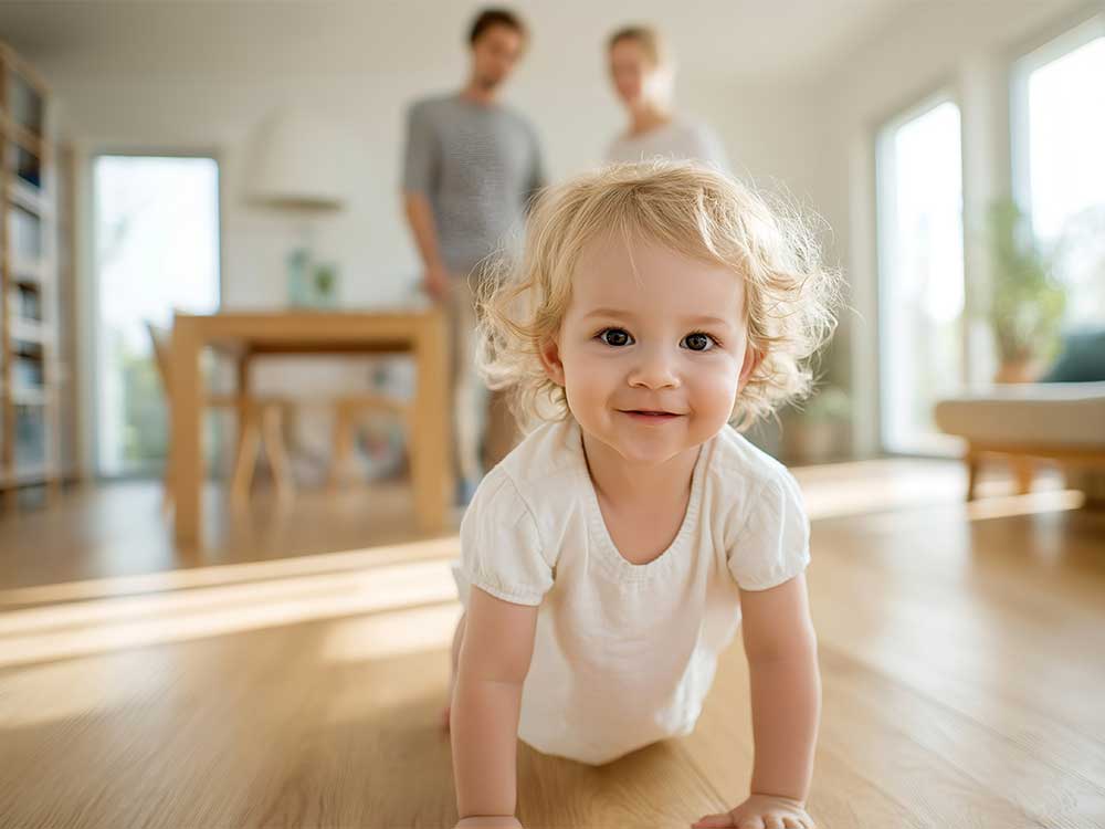 Kleines Kind krabbelt im Wohnzimmer auf warmem Holzfußboden nach dem Fußbodenheizung fräsen in Bremen