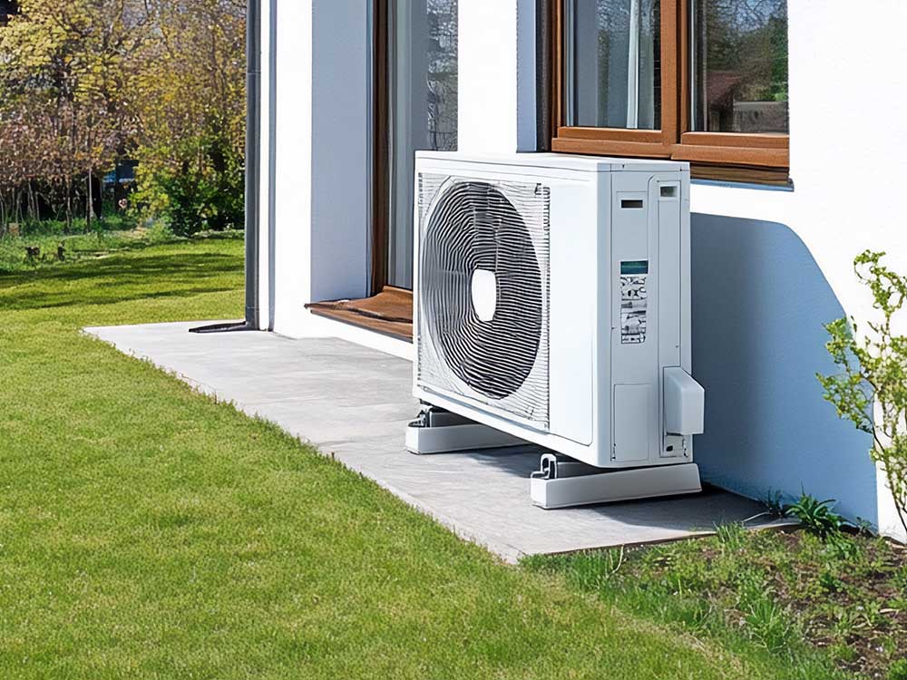 Moderne Wärmepumpe vor einem Haus in Bremen – kompatibel mit gefräster Fußbodenheizung